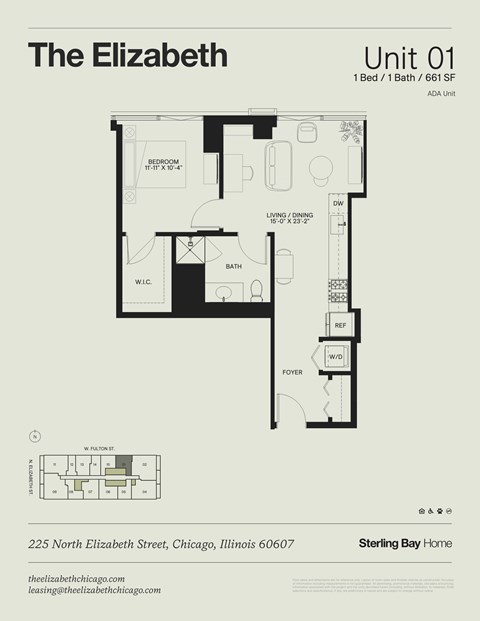 Floor plan for 1 bed, 1 bath, 661 sqft